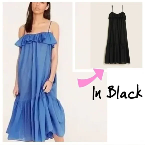 NWOT J.crew Medium Black Spaghetti Strap Ruffled Tiered Midi Dress - Picture 2 of 9